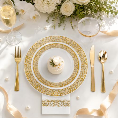 WELLIFE 350Pcs Gold Dinnerware Sets, Plates and Napkins Party Supplies Include:50 Dinner Plates, 50 Dessert Plates, 50 Paper Napkins, 50 Cups, 50 Gold Plastic Cutlery Set - Image 3