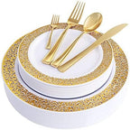 WDF 150PCS Gold Plastic Plates Set - Gold Plates 25Guests Gold Disposable Dinnerware Sets for Fall Party/Thanksgiving/Wedding by WDF
