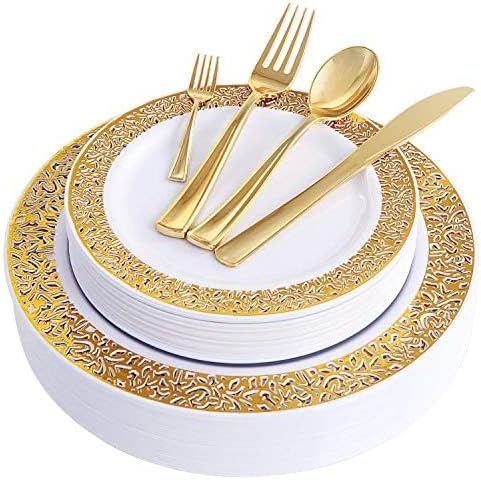 WDF 150PCS Gold Plastic Plates Set - Gold Plates 25Guests Gold Disposable Dinnerware Sets for Fall Party/Thanksgiving/Wedding by WDF