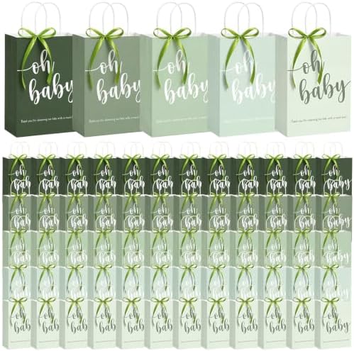 Gersoniel 50 Packs Baby Shower Gifts Bags Bulk 5.91 x 3.15 x 8.27 Inches Baby Shower Favor Bags with Handle Ribbon Thank You Gift for Party Favor for Guests Gifts Gender Reveal (Green) by Gersoniel