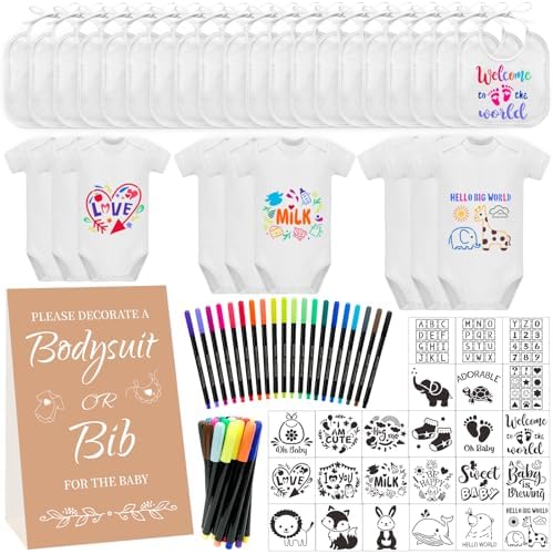 Bibs Bodysuits Baby Shower Game Sign Set Newborn Onesies Feeder Gift Fabric Marker Stencils Kit by Aisharery