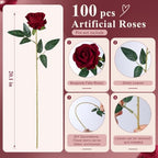 100 PCS Burgundy Roses Artificial Flowers, Fake Roses with Stem Realistic Silk Roses for DIY Wedding Bouquets Table Centerpieces Arrangement Baby Shower Birthday Home Decor Valentines Day Gift for Her - Image 5
