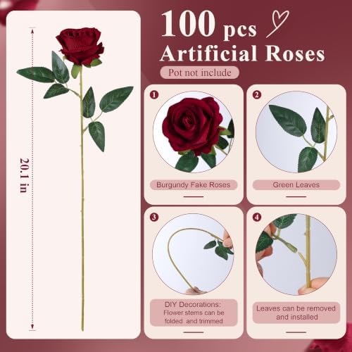 100 PCS Burgundy Roses Artificial Flowers, Fake Roses with Stem Realistic Silk Roses for DIY Wedding Bouquets Table Centerpieces Arrangement Baby Shower Birthday Home Decor Valentines Day Gift for Her - Image 5