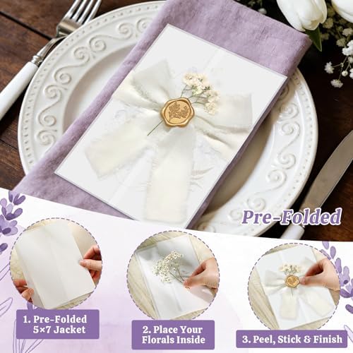 100 Sets Wedding Invitation Kit, Pre-Folded Vellum Jackets for 5x7 Invitations Accessories Wax Seal Stickers Ribbon & Dried Flowers for DIY Wedding Invites - Image 5
