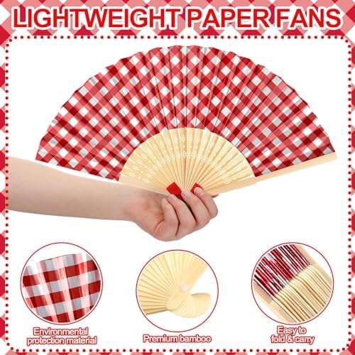 Roowest 36 Pcs Red Gingham Hand Fans Bulk, Checkered Picnic Paper Fans - Image 2