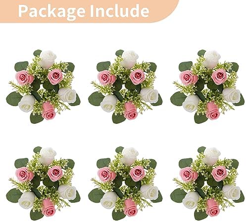 NUPTIO Flower Wreath for Table Centerpieces: 9.05 Inch Small Pink & White Candle Rings for Wedding Party Christmas Decorations - Rose Wreaths for Spring Summer Front Door Porch Decor 6 Pcs - Image 6