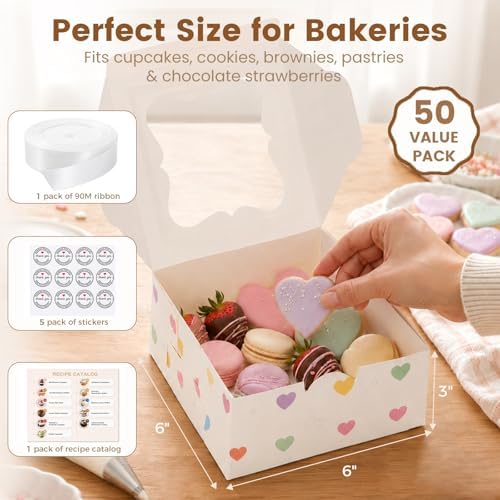 OAMCEG 50 Pack Cookie Boxes with Window, 6x6x3 Inch White Bakery Boxes for Desserts, Donuts,Cookies, Heart-shape Take-out Treat Boxes for Party & Wedding, Gifts - Image 2
