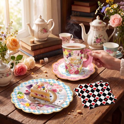 FillTouch 50 Sets Wonderland Paper Tea Cups and Saucers for Tea Party - Image 4
