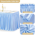 Wish Care 21ft Baby Blue Satin Long Table Skirt for Rectangle Tables Wrinkle Free Teacher Desk Skirt Glitter Ruffle Table Skirting Cloth for Back to School Classroom Office Birthday Party Table Decor - Image 2
