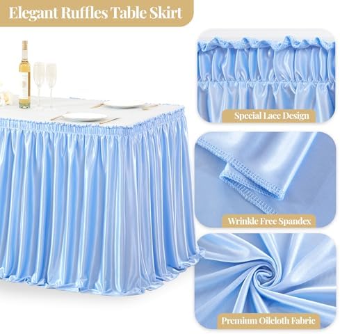 Wish Care 21ft Baby Blue Satin Long Table Skirt for Rectangle Tables Wrinkle Free Teacher Desk Skirt Glitter Ruffle Table Skirting Cloth for Back to School Classroom Office Birthday Party Table Decor - Image 2
