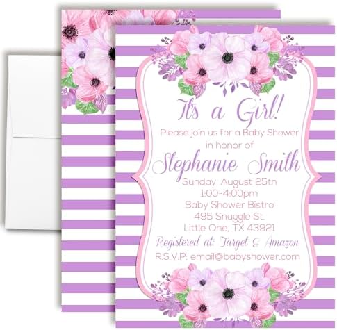 Custom Baby Shower Invites Pink and Purple Flower Baby Shower Invitation 20 5x7 Custom Personalized Floral Shower Invites With Envelopes - Unique Pink and Purple Floral Theme by AmandaCreation