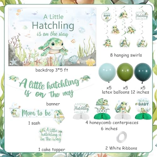 Jollyboom Sea Turtle Baby Shower Decorations, a Little Hatchling Is On The Way Backdrop Banner Cake Topper Sash Balloons Hanging Swirls Ceiling Streamers Table Honeycomb Centerpieces - Image 6