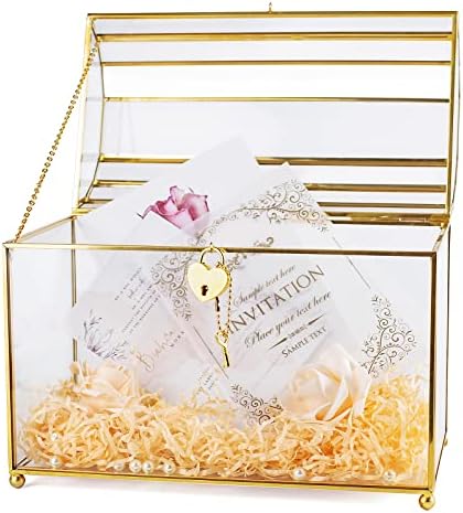 Gold Wedding Glass Card Box with Slot and Heart Lock, Large Clear Card Box for Wedding Reception, Bridal Shower, Handmade Brass Glass Display Box Weddings Centerpiece by JAJAMY