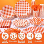 Funnymoom 400 Pcs Orange and White Gingham Party Supplies Dinnerware Set - Image 4