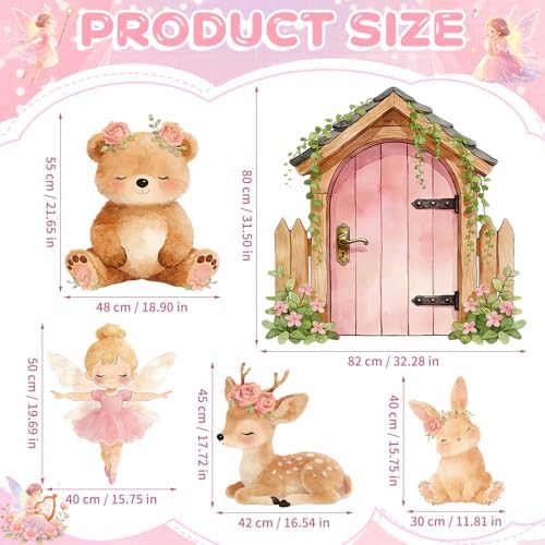 5Pcs Pink Fairy First Birthday Decorations, Large Bunny Bear Deer Fairy House Cardboard Cutout, Woodland Fairy Baby Shower Photo Booth Prop Princess Birthday Party Outdoor Indoor Decor - Image 3