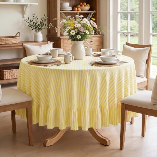 Eternal Beauty Striped Ruffled Round Tablecloth 60 Inch Yellow White by EternalBeauty