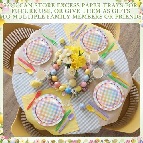 Funnymoom 400 Pcs Pastel Gingham Party Supplies for 50 Guests Pastel Pink Blue Yellow Checked Paper Plates and Napkins Cups Disposable Dinner Parties Set Cutlery for Holiday Spring Party Favor - Image 4