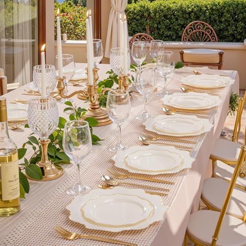 WDF 200PCS Ivory Plastic Plates with Gold Rim - Cream Plastic Plates - Include 100 Dinner & 100 Dessert Fancy Disposable Plate for Party - Heavy Duty Plate for Wedding/Baby Shower - Image 3