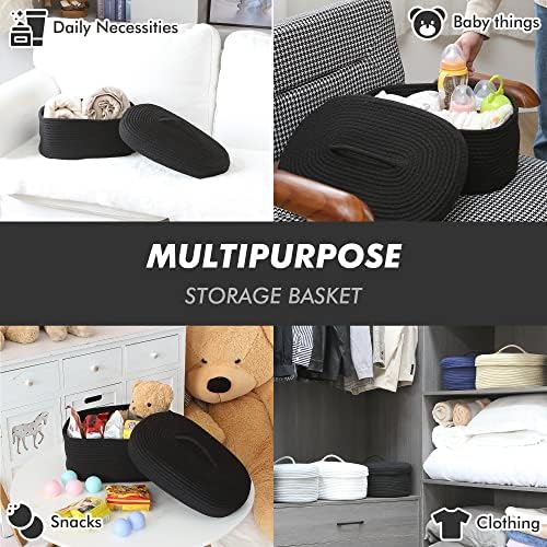 Sea Team Oval Storage Basket, Woven Cotton Rope Basket with Lid, Black - Image 2
