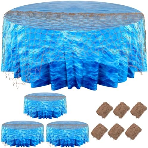 Oudain 12 Pcs Ocean Waves Plastic Round Tablecloth 84 Inch with Fish Net Ocean Waterproof Water Under The Sea Theme Table Cover for Mermaid, Baby Shower, Birthday Party (Blue) - Image 6