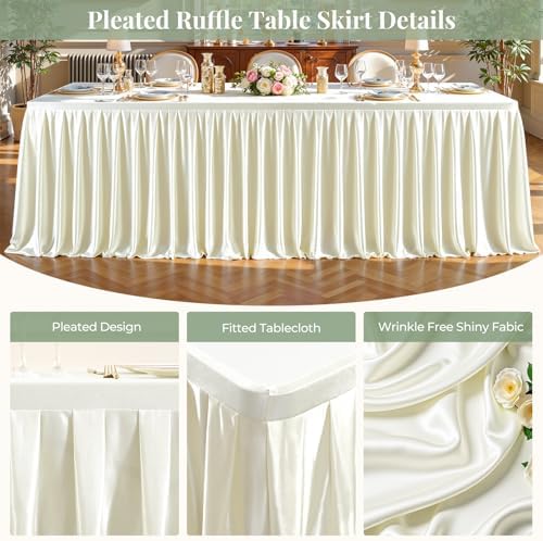 Ivory Satin Tablecloths Rectangle 6FT, Glitter Spandex Fitted Stretch Table Covers Wrinkle-Free Floor Length Shimmer Table Skirt for Weddings Parties Baby Shower Banquets Vendor Events - Image 2