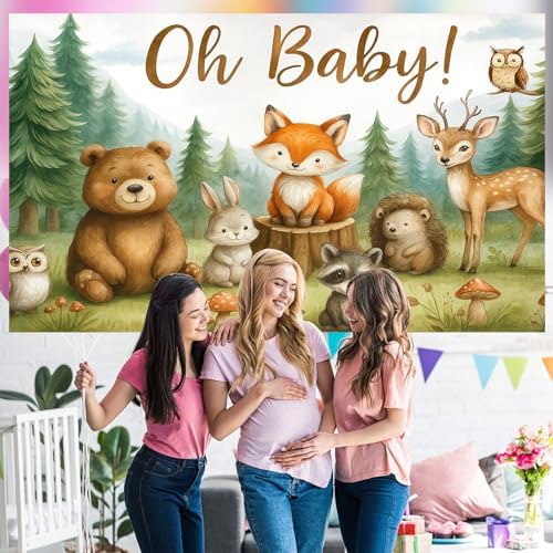 Oh Baby Woodland Baby Shower Backdrop - 10x8ft Gender Neutral Forest Animal Background for Boys Girls, Rustic Baby Shower Party Decorations, Watercolor Animal Banner for Wall Decor - Image 4