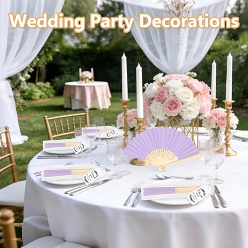50Set Wedding Hand Fans Party Favors Purple Paper Folding Handheld Fans Bulk, DIY Bamboo Fans with Thank You Cards Organza Bag for Guests Summer Bridal Dancing Props Church Decoation - Image 6