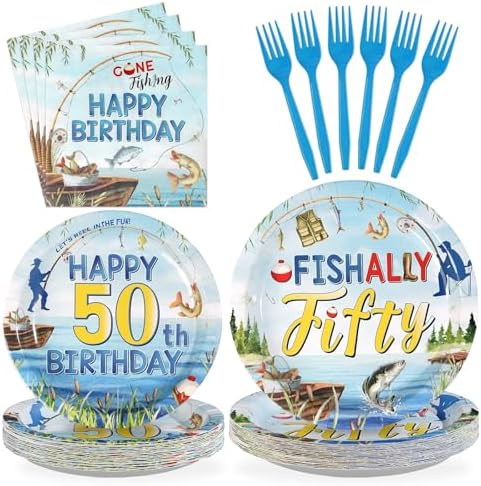 96Pcs Fishing 50th Birthday Party Decorations, Serves 24 by Greencian