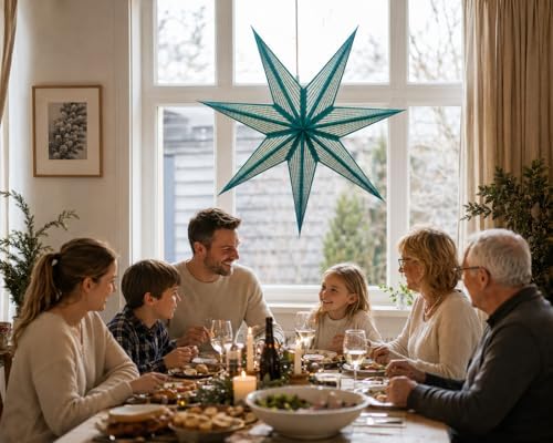GalaxyArts 7-Point Paper Star Lantern - Striped Cutout Hanging Light Decoration - Foldable Star Lamp Shade for Home, Party, Christmas, Wedding Décor - Indoor/Outdoor Hanging Star(Turquoise) - Image 7