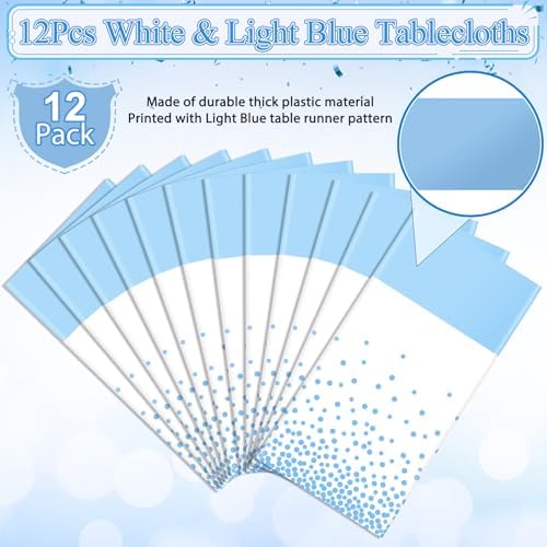 12Pcs White Light Blue Tablecloth Party Decorations,Plastic White Table Cloth Printed Baby Blue Tables Runner Disposable Rectangle Table Cover for Birthday Baby Shower Wedding Party,54 x108 Inch - Image 2