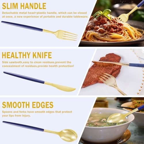 Supernal 102Pcs Gold Plastic Cutlery with Dark Blue Handle for Party - Image 6