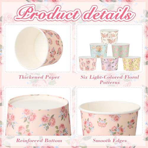 CHENGU 300 Pcs Floral Ice Cream Cups 8oz Disposable Treat Snack Cups Retro Flower Pattern Paper Bowls for Soup Yogurt Cupcake Hot or Cold Food Wedding Baby Shower Tea Party Supplies - Image 4