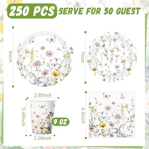 Wildflower Party Decorations, Paper Plates Napkins Cups Serve 50, Elegant - Image 3