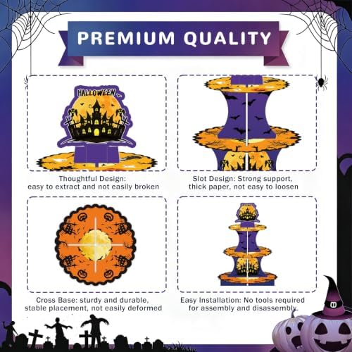 3 Tier Halloween Cupcake Stand with 12Pcs Cake Wrappers,12Pcs Cake Toppers - Image 5
