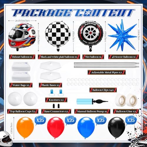Kasyat 2 Sets Hot Car Balloon Column Stand Kit with Star Race Tire Wheels Helmets Checked Foil Balloons Race Car Arch Garland Kit for Floor for Racing Themed Birthday Party Decorations - Image 2
