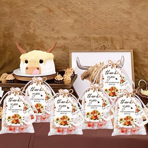 24 Sets Highland Cow Bottle Openers Baby Shower Favors, Boho Floral Highland Cattle Bottle Openers Keychains Thank You Tags Organza Bags for Holy Cow Farm Animals Party Decor Guest Gifts - Image 3