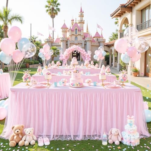 Pink Tablecloths for 8 Foot Rectangle Tables Tulle Tablecloth Light Pink Table Cloth Rectangle 8ft Stretch Spandex Table Cover for Baby Shower Girls Birthday Party Wedding Banquet Desk Table Skirt - Image 3
