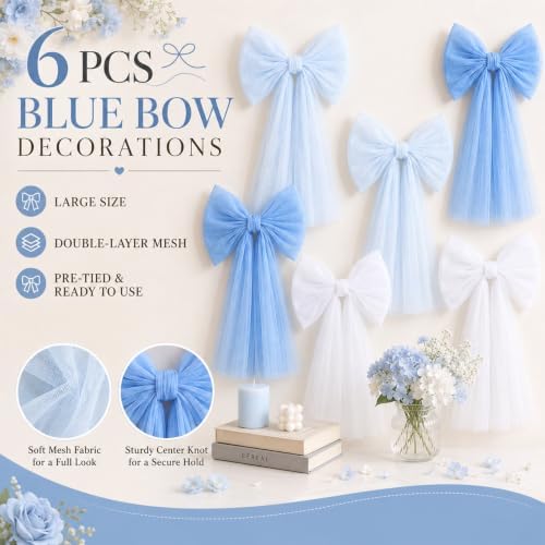 6PCS Large Blue Bows for Backdrop Cute Giant Mesh Bows Hanging Wall Decor - Image 3