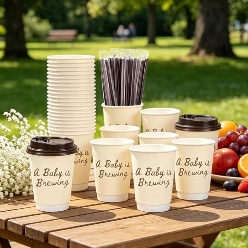 FYSUIMU 60 Sets Baby Shower Coffee Paper Cups with Lids Straws A Baby Is Brewing Disposable Cup Double-Wall Drinking Cups for Pregnancy Announcement Gender Reveal, 13.5oz - Image 4