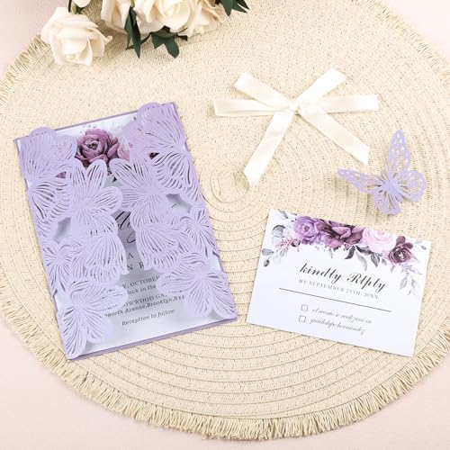 50Pcs Light Purple Wedding Invitations with Envelopes and RSVP Cards - Image 2