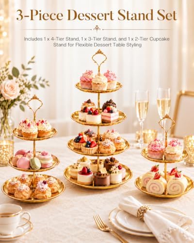 3-Pack 4 Tier Gold Cupcake Stand Set, 4/3/2 Tiered Dessert Serving Tray - Image 2