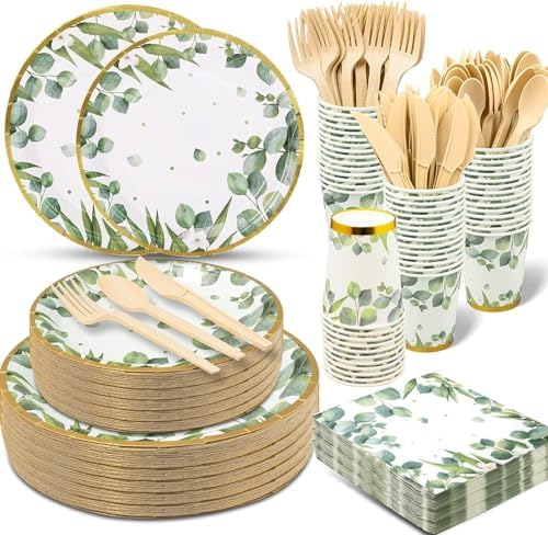 350 Pcs Sage Green Party Plates and Cups Sets,Disposable Paper Dinnerware by KisSealed
