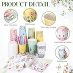 Nuogo 400pcs/100set 16 oz Floral Disposable Coffee Cups with Lids Sleeves Straws Napkins, Spring/Summer Party Tea Wedding Baby Shower Bulk Paper Cups for Hot Cold Drinks - Image 5