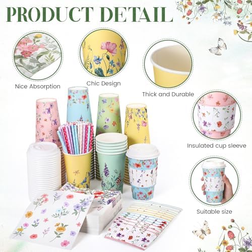 Nuogo 400pcs/100set 16 oz Floral Disposable Coffee Cups with Lids Sleeves Straws Napkins, Spring/Summer Party Tea Wedding Baby Shower Bulk Paper Cups for Hot Cold Drinks - Image 5