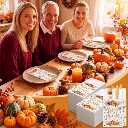 Potchen 100 Pcs Linen Feel Napkins Disposable, Thanksgiving Pumpkins - Image 6