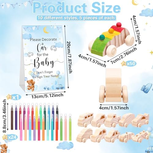 Hiboom 75 Pcs Baby Shower Wood DIY Print Car Set, Blue, Bear - Image 2