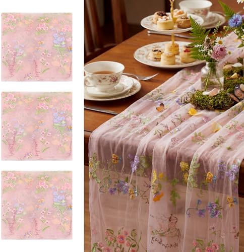Pink Floral Table Runner 10ft Embroidery Tulle Spring Wildflower Table Runner Seasonal Summer Butterfly Kitchen Dining Gauze Decoration for Wedding Baby Shower Birthday Party (3 Pcs) by Windkream