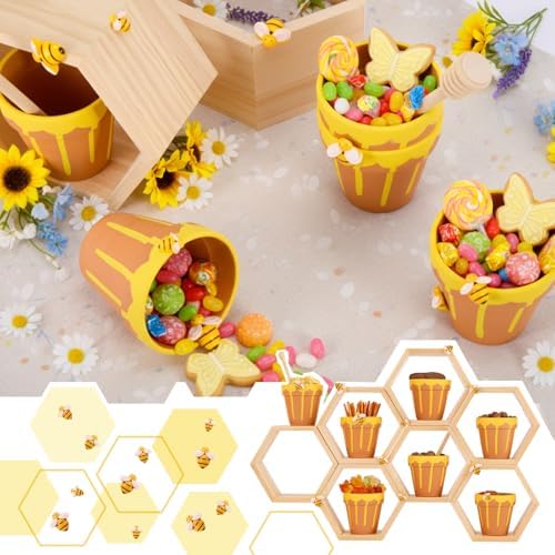 Cinnvoice 12 Set Ceramic Mini Honey Bee Pots with Honeycomb Stand Dippers Bee Charms Cupcake Planter Hexagon Display Holder Honey Party Favors for Baby Shower Guests Wedding Birthday Party Decor - Image 3