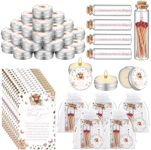 MTLEE 24 Sets Highland Cow Baby Shower Favors for Guest Bulk Including Lavender Scented Candles and Empty Matches Jars with Cork Top Thank You Cards and Organza Bags for Baby Shower Party Souvenir by MTLEE