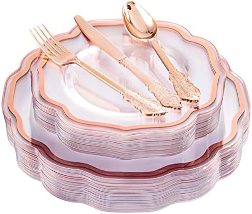 NOCCUR 150PCS Rose Gold Plastic Plates&Rose Gold Silverware-Include 30Dinner Plates, 30Salad plates, 90 Disposable Rose Gold Utensils- Ideal for Weddings/Party/Mother's Day by NOCCUR